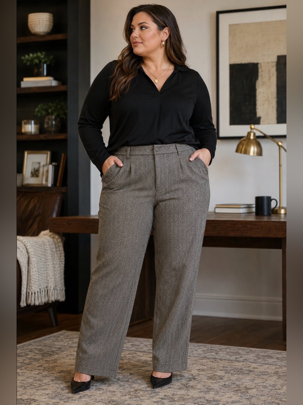 Lauren Ralph Lauren 22W Black Ivory Herringbone Wool Wide Leg Dress Pants Career
